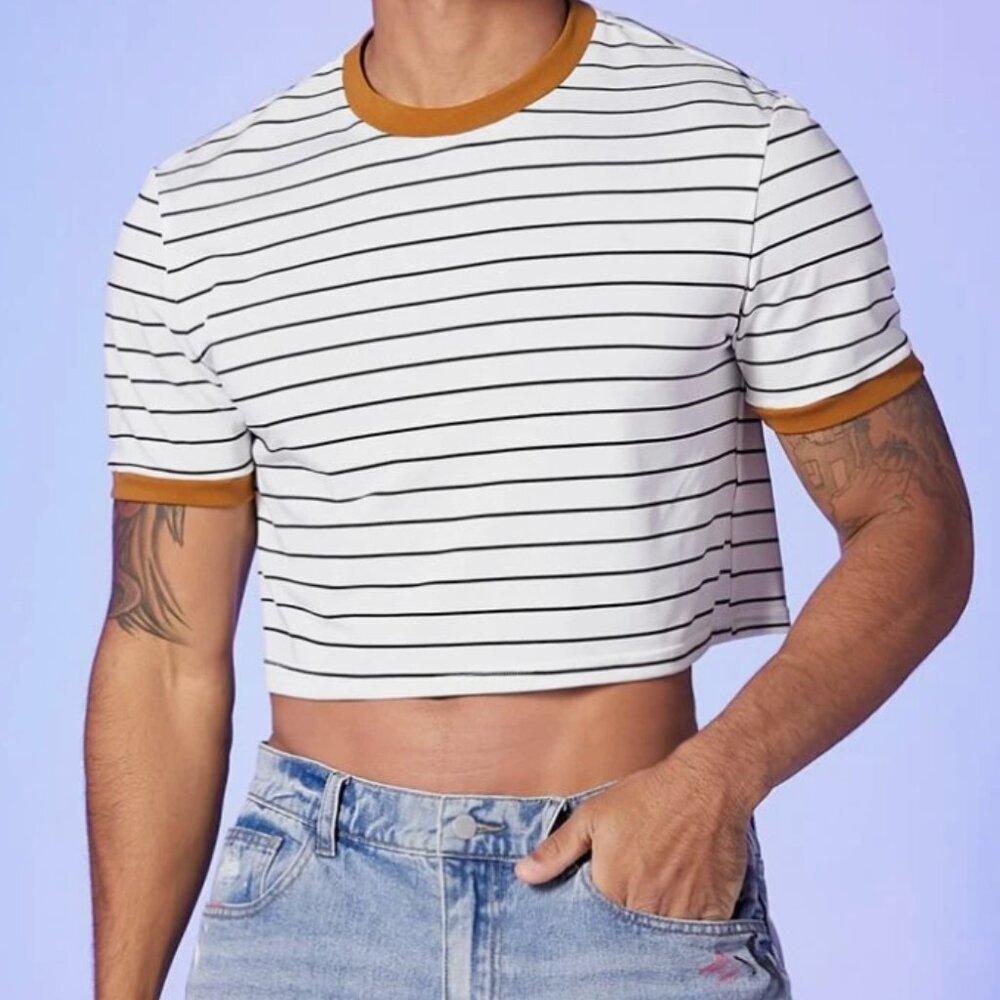 FeverCity Men's Crew Neck Short Sleeve Crop Tee,‎ Black/White/Tan, Large